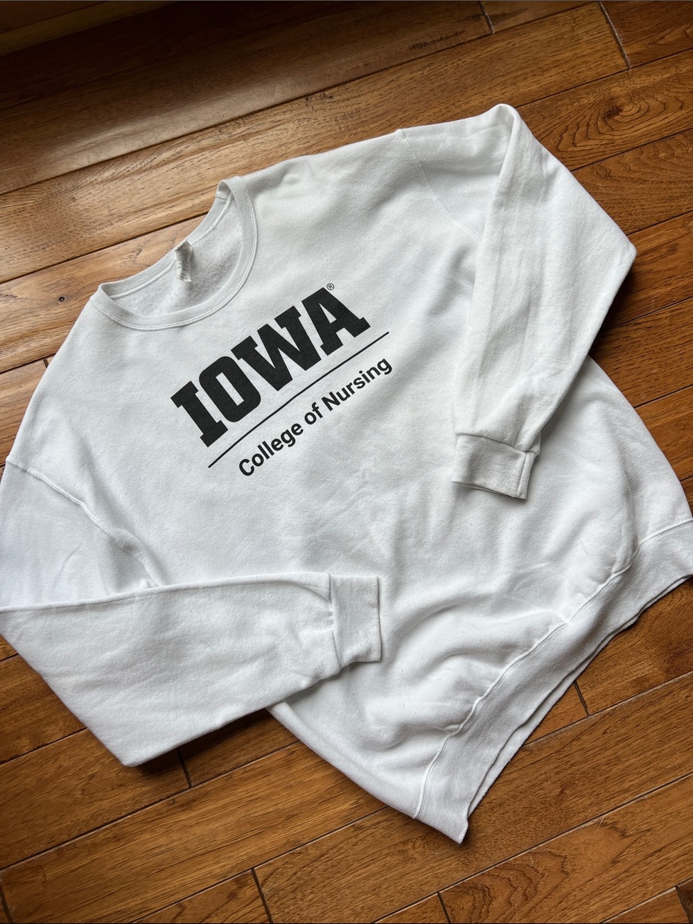 Jerzees White Crewneck Sweatshirt with university IOWA College of Nursing Print